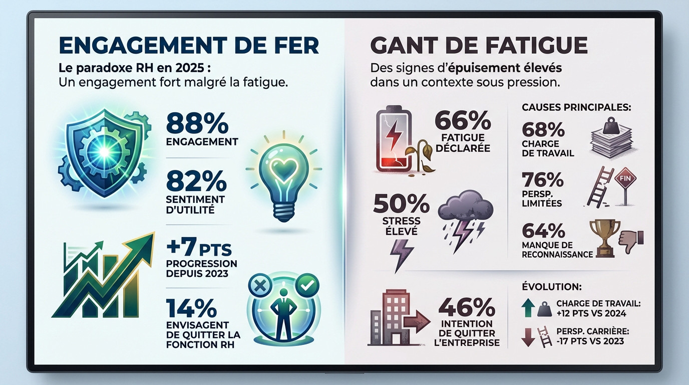 Graphique illustrant le paradoxe entre l'engagement fort et la fatigue élevée des RH en 2025