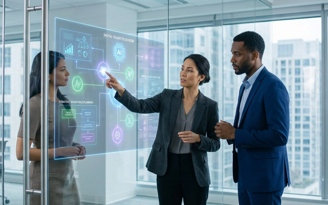 Trois professionnels interagissent avec un écran holographique affichant un écosystème de talents digital et une planification RH stratégique.