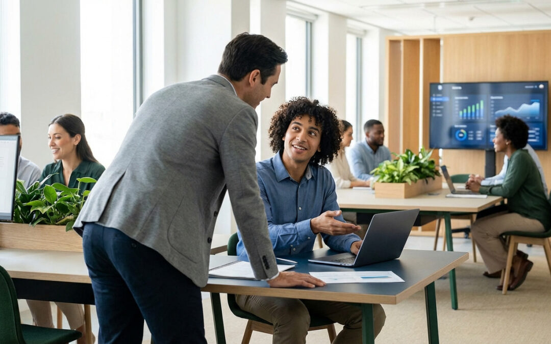 Un manager discute avec un jeune employé souriant devant son ordinateur portable dans un bureau ouvert et moderne, avec d'autres collègues.