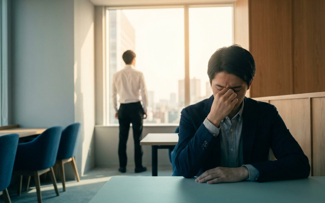 Un homme stressé se tient la tête à son bureau, un autre regarde au loin par une fenêtre lumineuse, symbolisant la pression professionnelle.