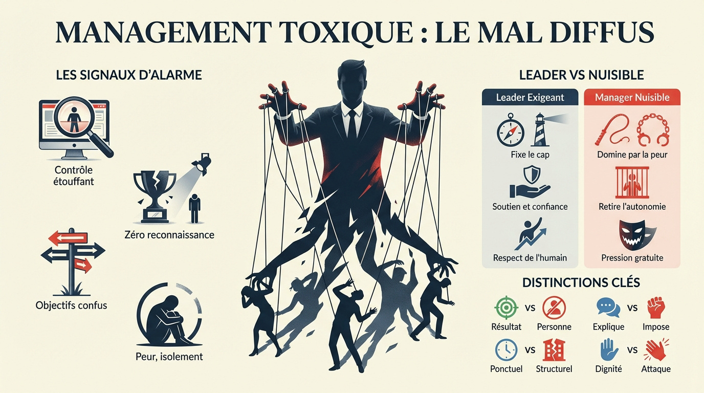 Illustration d'un environnement de travail marqué par un management toxique et oppressant