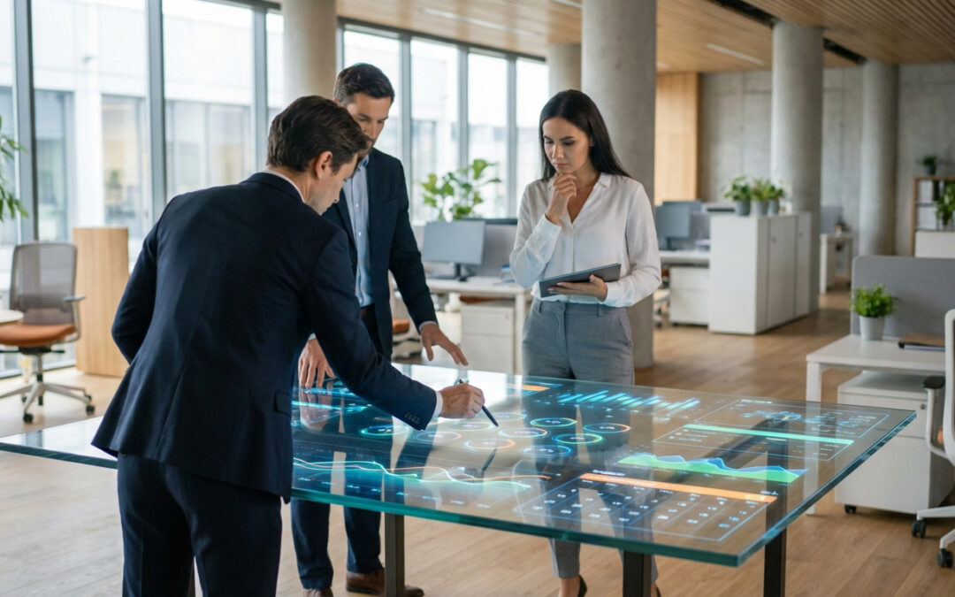 Trois professionnels dans un bureau moderne interagissant avec une table tactile holographique affichant des données. Représente la gestion agile des temps.
