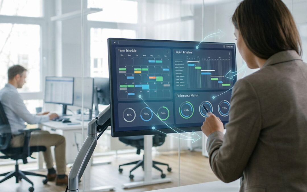 Une femme interagit avec un tableau de bord numérique de gestion de projet et performance, affichant calendrier et métriques.