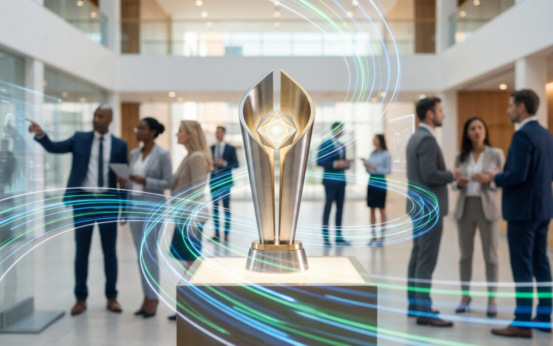 Trophée futuriste au centre d'un hall d'entreprise, entouré de professionnels interagissant avec des écrans numériques et des flux lumineux.