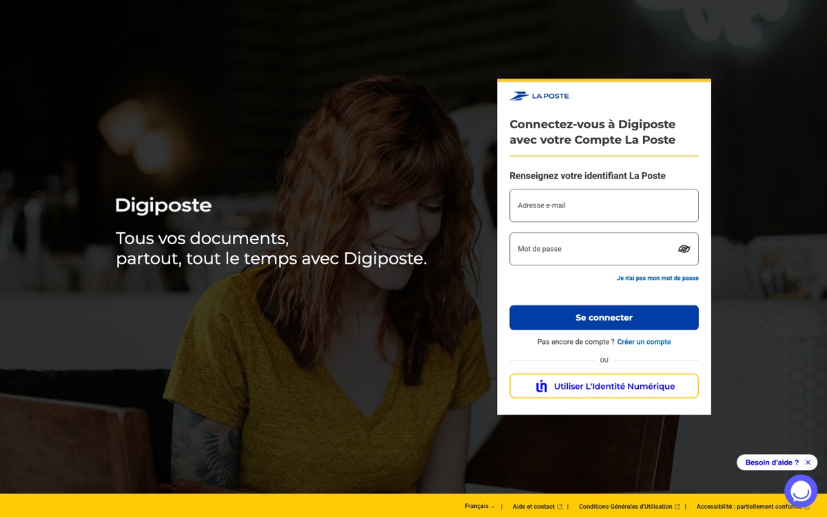 Capture d'écran de l'écran de connexion Digiposte avec le Compte La Poste