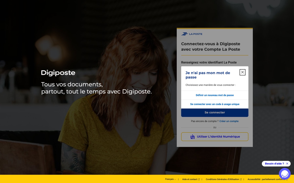 Fenêtre Je n'ai pas mon mot de passe de Digiposte : définir un nouveau mot de passe ou code à usage unique