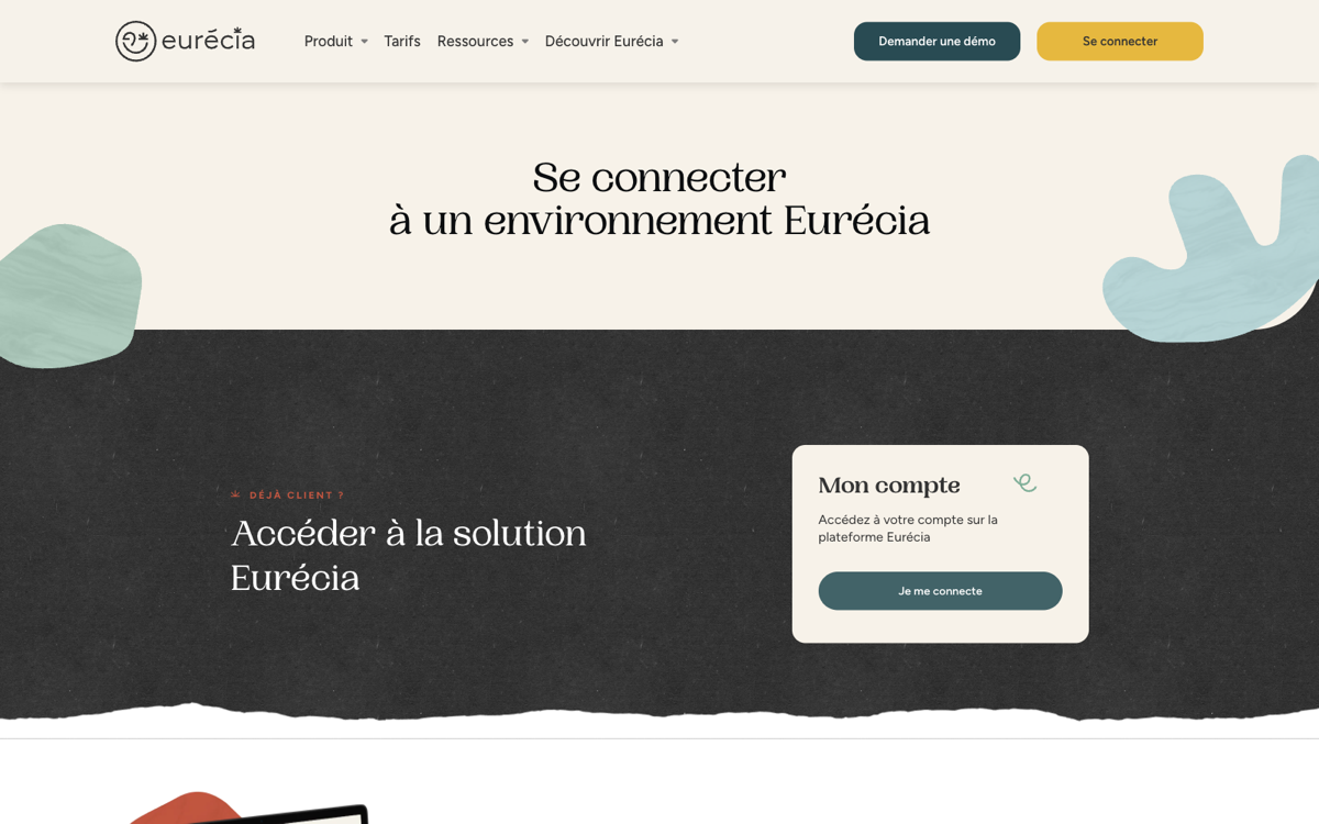 Capture d'écran de la page eurecia.com/login avec le bloc Mon compte pour accéder à la plateforme Eurécia