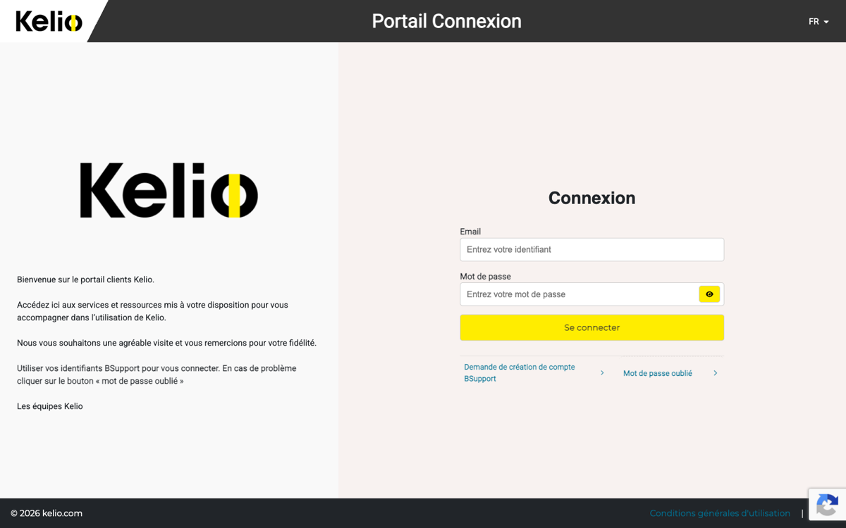 Capture d'écran du portail client Kelio (portailconnexion.kelio.com), réservé aux entreprises clientes