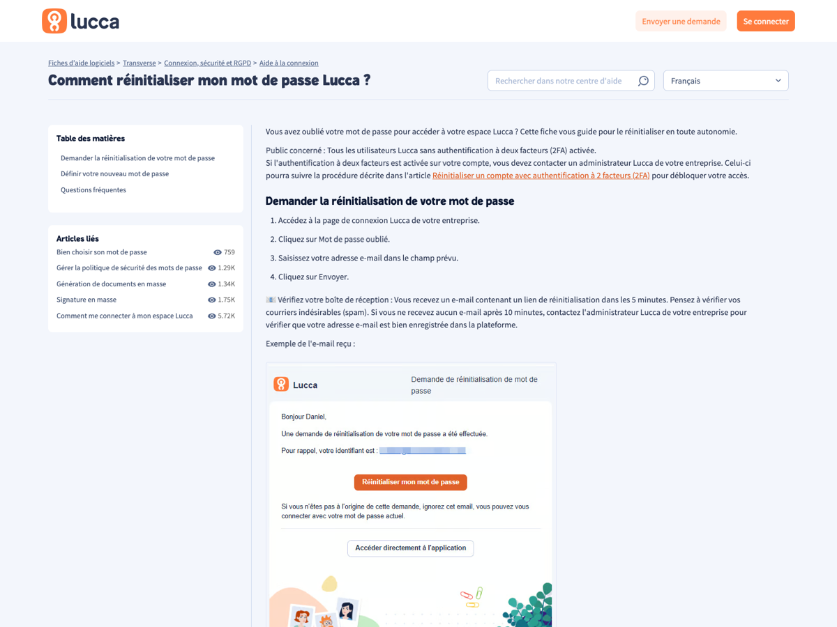 Fiche d'aide officielle Lucca : comment réinitialiser mon mot de passe, étapes et cas de la double authentification