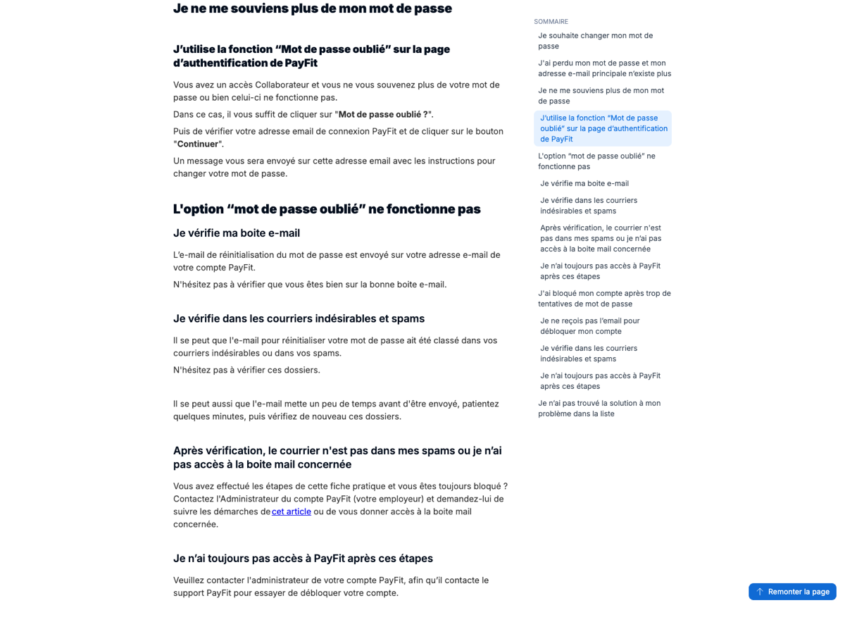 Fiche d'aide officielle PayFit : procédure Mot de passe oublié et solutions si l'e-mail n'arrive pas