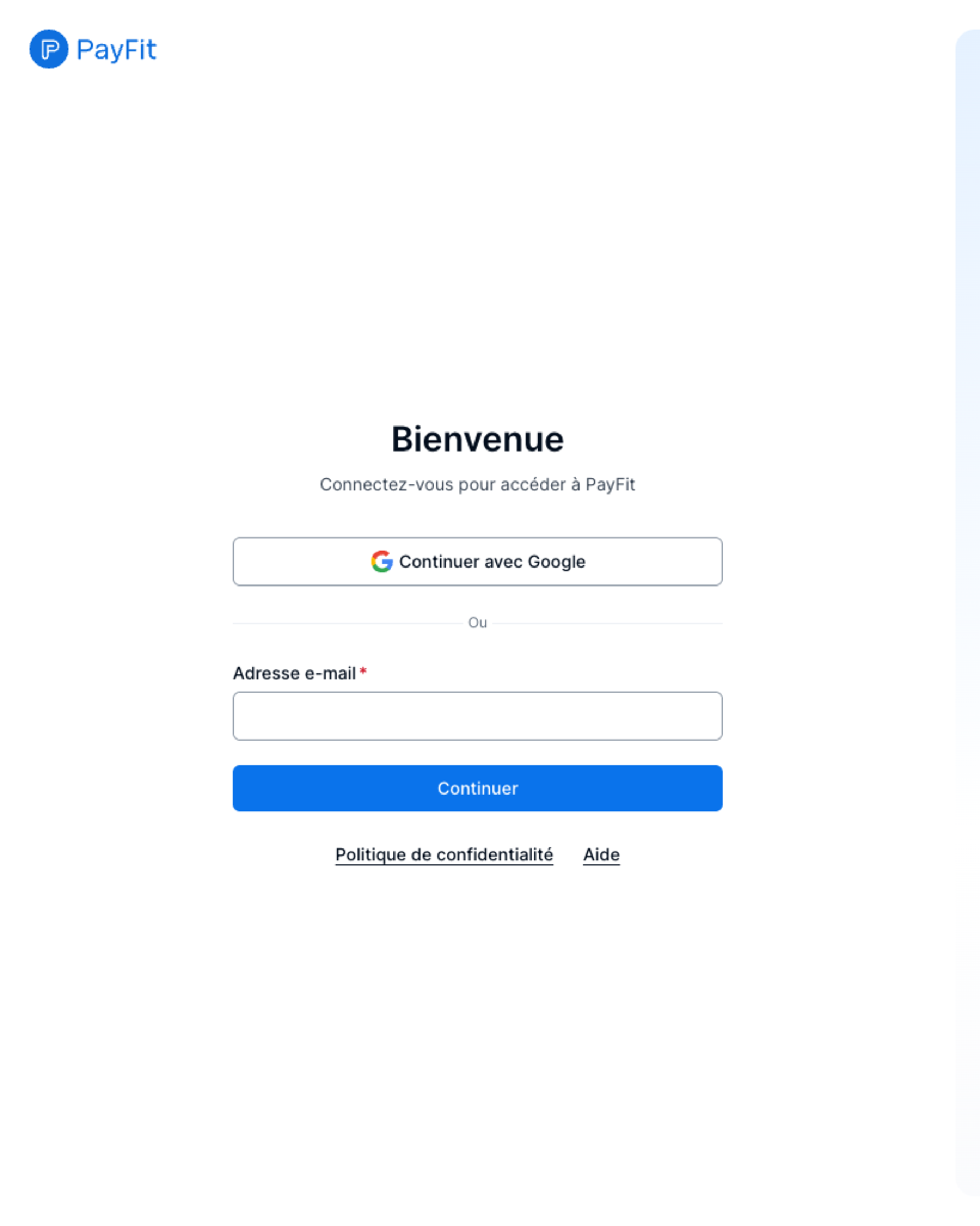 Capture d'écran de la page de connexion PayFit (app.payfit.com) : champ adresse e-mail et bouton Continuer