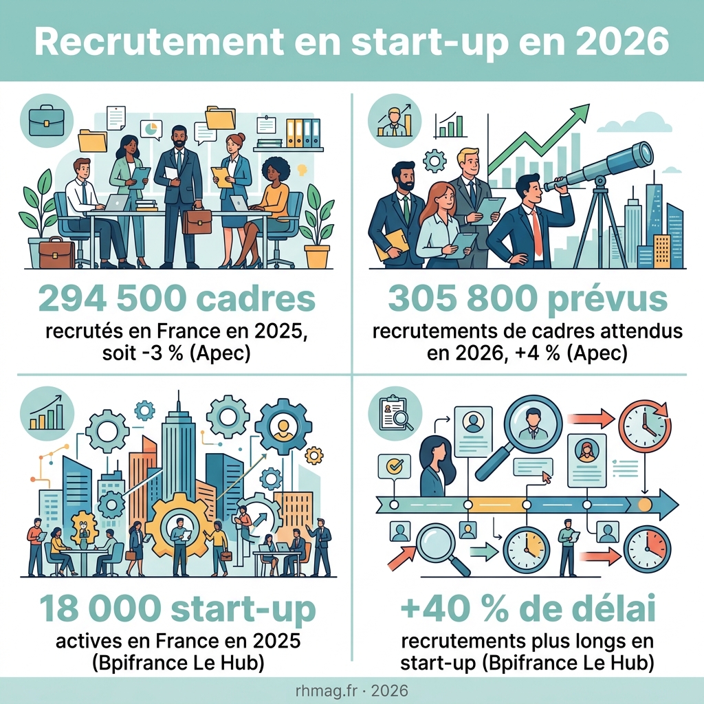 Infographie : recrutement en start-up en 2026, chiffres Apec et Bpifrance Le Hub