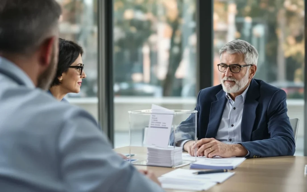 Une responsable RH et un représentant du personnel face à face autour d'une urne et de listes de candidats