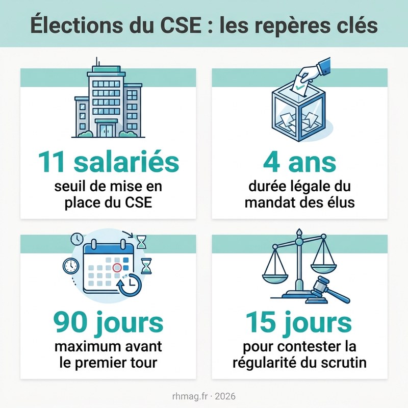 Infographie : les repères clés des élections du CSE (seuil de 11 salariés, mandat de 4 ans, 90 jours avant le premier tour, 15 jours pour contester)