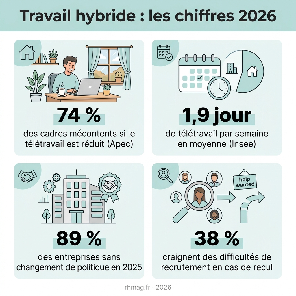 Infographie : travail hybride, les chiffres 2026 (Apec, Insee)