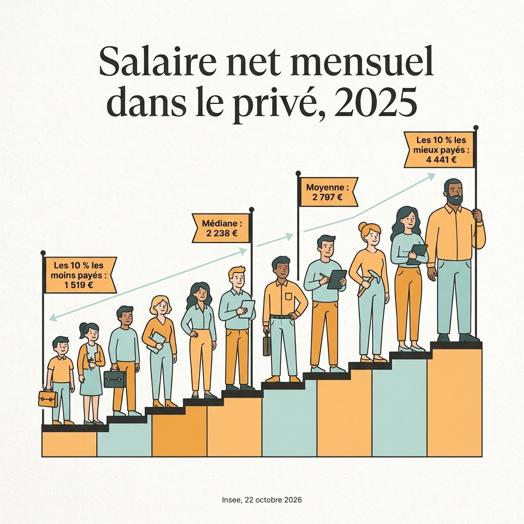 Infographie : dix salariés sur un escalier avec les repères du salaire net mensuel dans le privé en 2025 : 1 519 €, médiane 2 238 €, moyenne 2 797 €, 4 441 €
