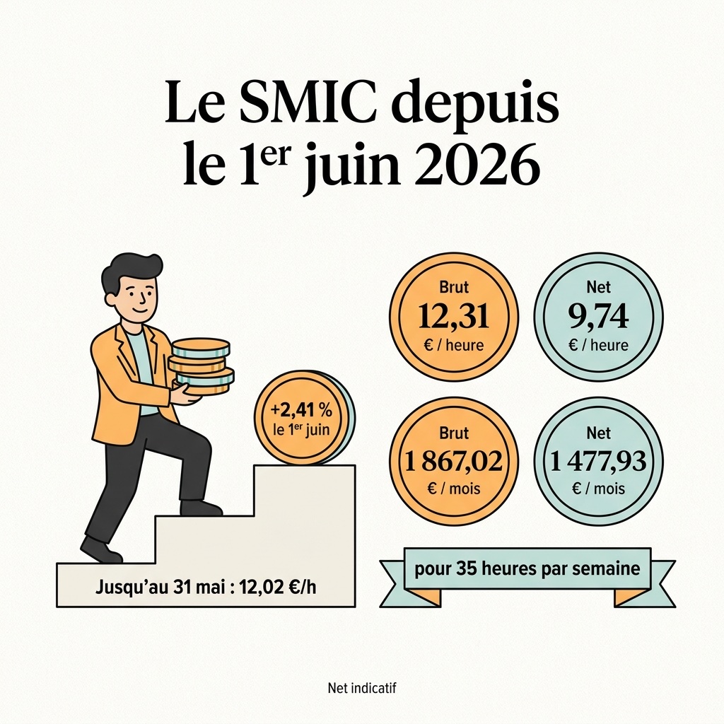 Infographie : le SMIC depuis le 1er juin 2026, soit 12,31 € brut et 9,74 € net de l’heure, 1 867,02 € brut et 1 477,93 € net par mois pour 35 heures par semaine
